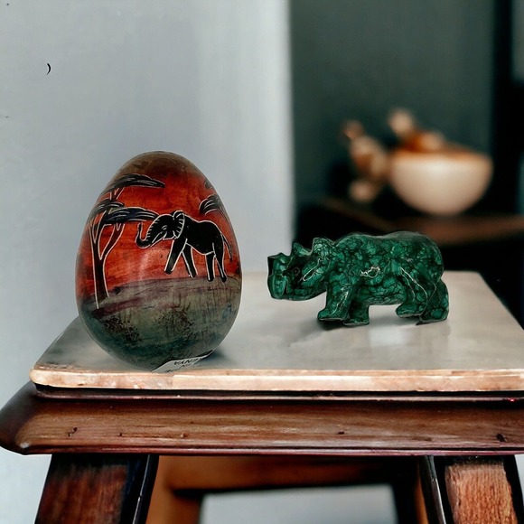 Other - Vintage Hand Carved Stone Egg, Made In Kenya & A Stone Rhinoceros Green Polished